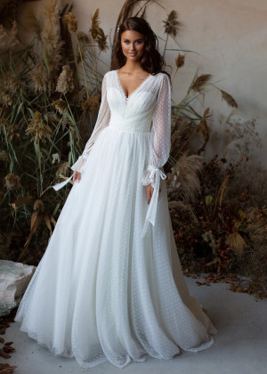 Ivory Polka Dot Tulle Lace Ruched Wedding Dress